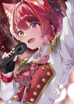 1boy animal_ears ascot black_nails crying crying_with_eyes_open dog_ears hair_between_eyes heterochromia highres holding holding_microphone jacket light_particles light_rays long_sleeves male_focus mashiro_nico microphone open_mouth red_ascot rinu_(stpri) short_hair smile solo strawberry_prince streaming_tears tears teeth tongue upper_body upper_teeth_only white_jacket