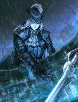 1girl ascot black_coat black_gloves black_hat bloodborne closed_mouth coat commentary english_commentary floating_hair gloves hat hat_feather highres in-universe_location lady_maria_of_the_astral_clocktower rain rakuyo_(bloodborne) rashuu solo sword throwing tricorne weapon well white_ascot white_hair