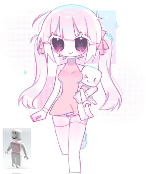 1018sus 1girl antenna_hair arm_at_side bare_arms bare_shoulders bow bracelet breasts bright_pupils center-flap_bangs character_doll closed_mouth colored_eyelashes corrupted_twitter_file cropped_legs doll dress floating_head grey_shoes hair_between_eyes hair_bow halftone halftone_background highres holding holding_doll jewelry long_hair looking_at_viewer medium_breasts pink_bow pink_dress pink_eyes player_character_(roblox) reference_inset roblox shoes short_dress simple_background skindentation sleeveless sleeveless_turtleneck sleeveless_turtleneck_dress slit_pupils smile solo sparkle standing standing_on_one_leg symbol_in_eye thighhighs turtleneck turtleneck_dress twintails very_big_eyes walking white_background white_eyelashes white_hair white_theme white_thighhighs