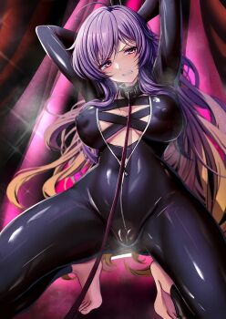 Rule 34 | 1girl, arms behind head, barefoot, biker clothes, bikesuit, black bodysuit, blonde hair, bodysuit, breasts, cameltoe, center opening, clenched teeth, commentary request, covered erect nipples, gradient hair, highres, hijiri byakuren, large breasts, leash, long hair, looking at viewer, multicolored hair, partially unzipped, purple hair, solo, squatting, teeth, teru cats, touhou, turbo byakuren, two-tone hair, urban legend in limbo, very long hair, zipper
