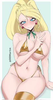1girl arm_under_breasts armpit_crease bikini black_eyeshadow blonde_hair blue_eyes blush border braid breasts cherry_earrings cleavage commentary cowboy_shot crown_braid darkness_(konosuba) earrings english_commentary eyelashes eyeshadow food-themed_earrings food_themed_earrings gold_bikini gold_thighhighs green_ribbon grey_background highres jewelry kono_subarashii_sekai_ni_shukufuku_wo! large_breasts linea_alba long_hair looking_at_viewer makeup micro_bikini navel neck_ribbon oomartm outside_border parted_lips ribbon simple_background sitting skindentation smile solo sweat swimsuit teeth twitter_username v white_border