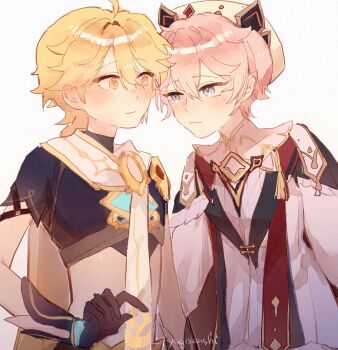 2boys aether_(genshin_impact) ahoge arm_armor armor artist_name beret black_gloves black_shirt blonde_hair blue_eyes blush braid bright_pupils cape closed_mouth commentary dahlia_(genshin_impact) earrings english_commentary genshin_impact gloves gold_trim hair_between_eyes hand_up hat highres jewelry long_hair long_sleeves looking_at_another male_focus midriff multiple_boys open_clothes open_vest pink_hair pointy_ears puffy_long_sleeves puffy_sleeves red_vest scarf shirt short_hair short_sleeves shoulder_armor simple_background single_braid single_earring standing tassel vest white_background white_hat white_pupils white_scarf white_shirt yaginori yellow_cape yellow_eyes