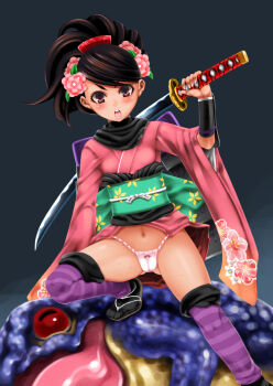 1girl angry black_hair blush breasts brown_eyes brown_sandals floral_print flower fundoshi hachi_menou hair_flower hair_ornament highres holding holding_sword holding_weapon japanese_clothes katana kimono long_hair long_sleeves looking_at_viewer momohime monster navel obi oboro_muramasa open_mouth pink_kimono ponytail print_kimono print_sash purple_thighhighs samurai sandals sash small_breasts standing striped_clothes striped_thighhighs sweat sword teeth thighhighs weapon wide_hips wrist_guards