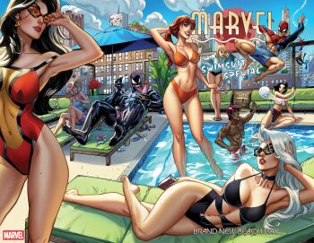 3boys 6+girls absurdres baseball_cap bikini black_bikini black_hair blonde_hair blue_eyes body_freckles breasts cindy_moon city cityscape cloud collarbone commentary covered_navel curvy dark-skinned_male dark_skin day english_commentary felicia_hardy food freckles glasses green_eyes gwen_stacy happy hat highres hood hoodie ice_cream j._scott_campbell jessica_drew jumping large_breasts long_hair long_tongue lying makeup marvel mary_jane_watson mask may_parker miles_morales multiple_boys multiple_girls navel official_art old old_woman on_back on_rooftop on_side one-piece_swimsuit orange_hair partially_submerged pool poolside red_lips rooftop silk sitting sky spider-man spider-man_(original_suit) spider-man_(series) spider_web spider_web_print standing sunglasses swimsuit thigh_freckles tongue undressing venom_(marvel) water western_comics_(style) white_hair