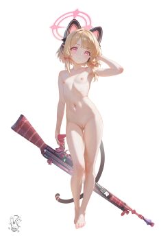 1girl 1llusori absurdres animal_ear_headphones animal_ears artist_logo barefoot battle_rifle blonde_hair blue_archive blush bow cat_ear_headphones cat_ears cat_tail charm_(object) completely_nude dot_nose english_text fake_animal_ears fake_tail flat_chest full_body gun h&amp;k_g3 hair_bow halo headphones highres holding holding_gun holding_weapon light_frown logo loli low-tied_sidelocks momoi_(blue_archive) navel nipples nude open_mouth pink_halo pussy red_eyes rifle sidelocks simple_background solo tail uncensored weapon white_background