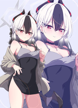 1girl absurdres bare_shoulders black_bow black_choker black_dress black_hair blue_archive blush bow breasts choker cleavage closed_mouth commentary demon_girl demon_horns demon_wings dress ear_piercing grey_jacket hair_between_eyes hair_bow half_updo highres horns jacket kame_(nokonoko10271) kayoko_(blue_archive) kayoko_(dress)_(blue_archive) long_hair looking_at_viewer multicolored_hair official_alternate_costume official_alternate_hairstyle open_clothes open_jacket piercing red_eyes side_slit single_wing sleeveless sleeveless_dress solo two-tone_hair white_hair wings zoom_layer