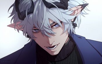 1boy ardashir_(arknights) arknights arknights:_endfield black_horns black_shirt blue_eyes blue_jacket commentary ear_covers english_commentary hair_between_eyes horns jacket long_pointy_ears looking_to_the_side lower_teeth_only male_focus open_clothes open_jacket open_mouth pointy_ears shirt sid_(skxviii) sideways_glance simple_background single_ear_cover solo suit_jacket teeth upper_body white_background white_hair