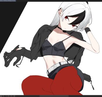 1girl armpits art_program_in_frame belt black_choker black_gloves black_hair black_jacket black_skirt black_tank_top blue_archive breasts choker cleavage closed_mouth collarbone ear_piercing fataaa gloves grey_hair hair_between_eyes highres jacket kayoko_(blue_archive) long_hair long_sleeves looking_at_viewer midriff mole mole_on_neck navel pantyhose piercing puffy_long_sleeves puffy_sleeves red_eyes red_pantyhose skirt small_breasts solo tank_top white_belt wristband