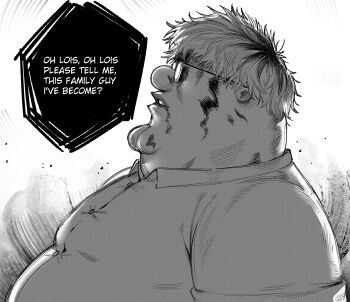 1boy collared_shirt commentary english_commentary english_text family_guy fat fat_man glasses greyscale highres kaneki_profile_picture_(meme) kowai_(iamkowai) male_focus meme monochrome peter_griffin round_eyewear shirt short_hair solo very_short_hair