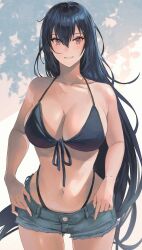 Rule 34 | 1girl, bare arms, bare shoulders, bikini, black bikini, black hair, breasts, cleavage, collarbone, commentary request, curvy, denim, denim shorts, front-tie bikini top, front-tie top, hair between eyes, highleg, highleg bikini, highres, kantai collection, kasumi (skchkko), large breasts, long hair, looking at viewer, nagato (kancolle), navel, parted lips, red eyes, shorts, sidelighting, simple background, smile, solo, stomach, swimsuit, wide hips