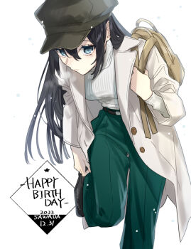 1girl backpack bag belt black_belt black_hair blue_eyes breasts buttons character_name closed_mouth coat commentary_request dated green_pants hagiwara_daisuke hand_up happy_birthday hori-san_to_miyamura-kun long_hair long_sleeves looking_at_viewer mole mole_under_eye open_clothes open_coat pants sawada_honoka simple_background solo standing standing_on_one_leg star_(symbol) sweater turtleneck turtleneck_sweater white_background white_coat white_sweater winter winter_clothes