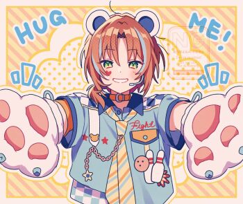 1boy amagi_hana animal_ears animal_hands bear_ears bear_paws blue_shirt blue_streaks bowling chain checkered_clothes collar collared_shirt commentary_request curtained_hair earpiece english_text ensemble_stars! facial_mark green_eyes hair_over_shoulder heart heart_facial_mark highres male_focus medium_hair microphone multicolored_hair necktie orange_collar orange_hair patterned_background ponytail reaching reaching_towards_viewer shirt side_ponytail smile solo streaked_hair striped_necktie tsukinaga_leo yellow_background