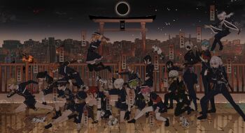 6+boys absurdres akita_toushirou animal animal_on_shoulder arm_guards armband armor atsushi_toushirou baby_animal black_footwear black_gloves black_hair black_headwear black_jacket black_necktie black_pants black_socks black_thighhighs blue_hair blue_headwear blue_jacket blue_pants blue_skirt blue_socks bob_cut bowl_cut brown_hair building character_name charging_forward city closed_eyes commentary eclipse explosion facing_ahead fighting_stance floating floral_print fox from_side glasses glint gloves gokotai gokotai's_tigers gotou_toushirou green_hair grey_gloves grey_hair grey_sky grey_socks hakata_toushirou hakusan_yoshimitsu hakusan_yoshimitsu's_fox hand_on_own_hip hat highres hirano_toushirou honebami_toushirou horns houchou_toushirou ichigo_hitofuri jacket japanese_armor jumping kneehighs kote long_hair maeda_toushirou mask midair midare_toushirou mouri_toushirou mouth_mask multiple_boys namazuo_toushirou necktie on_one_knee orange_hair outdoors outstretched_arm outstretched_arms pants pavement pouch profile railing ready_to_draw red_hair reflective_floor running sash shinano_toushirou shoes short_sleeves short_sword shoulder_armor single_horn skirt skirt_set sky skyscraper socks sode standing stretching sword thigh_pouch thighhighs tiger tiger_cub torii torinodesu4 touken_ranbu trap unsheathed weapon white_hair white_tiger wide_sleeves yagen_toushirou zettai_ryouiki