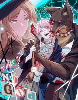 3girls absurdres axe bang_dream! bang_dream!_it&#039;s_mygo!!!!! blood blood_in_hair blood_on_face blue_coat brown_hair chihaya_anon chinese_commentary coat collar commentary_request english_text furrification furry furry_female grey_eyes hero45439083942 highres holding holding_axe long_hair multiple_girls nagasaki_soyo open_mouth pink_hair shiina_taki sidelocks spiked_collar spikes