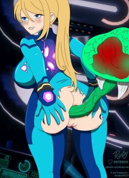 1girl anal ass biting_own_lip blonde_hair blue_eyes bodysuit bracelet breasts claws cyberspace ears huge_breasts huge_penis jewelry large_breasts legs metroid metroid_(creature) monitor monster_sex nintendo penis ponytail pussy rubylola samus_aran sex skin_tight spread_ass tentacle_sex tentacles tooth torn_clothes torn_suit uncensored zero_suit