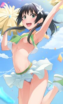 1girl :d black_hair blue_eyes blue_sky breasts cheering cheerleader cloud commentary_request commission confetti crop_top flower hair_flower hair_ornament highres holding holding_pom_poms jumping k3rd long_hair navel no_bra open_mouth panties pom_pom_(cheerleading) pom_poms ponytail saten_ruiko skeb_commission skirt sky small_breasts smile solo stomach teeth toaru_kagaku_no_railgun toaru_majutsu_no_index underboob underwear upper_teeth_only white_panties white_skirt
