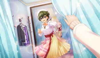 2girls ;q belt belt_buckle black_jacket blurry blush buckle cinderella_series clothes_hanger clothes_shop coat crossed_bangs curtain_grab curtains depth_of_field dutch_angle feet_out_of_frame fitting_room game_cg green_hair hachigatsu_no_cinderella_nine hair_ornament hairclip hanayama_emi hat highres indoors jacket lens_flare light_particles long_sleeves looking_at_viewer mirror multicolored_skirt multiple_girls non-web_source off_shoulder official_art one_eye_closed open_mouth opening_curtains pink_hair pov pov_hands purple_eyes purple_scarf red_belt scarf shirt short_hair shy skirt solo_focus sparkle taketomi_aya thumbs_up tongue tongue_out trying_on_clothes unworn_jacket unworn_scarf unworn_shirt unworn_skirt wavy_mouth white_coat white_hat white_shirt