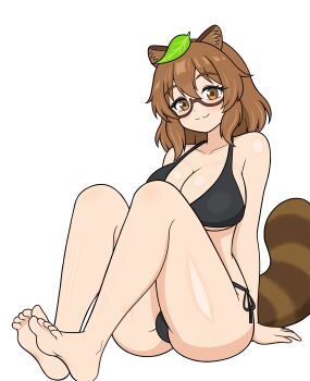1girl :3 absurdres animal_ears bikini black_bikini breasts brown_eyes brown_hair cameltoe cleavage closed_mouth collarbone full_body futatsuiwa_mamizou highres large_breasts leaf leaf_on_head looking_at_viewer raccoon_ears raccoon_girl raccoon_tail semi-rimless_eyewear short_hair simple_background smile soles solo swimsuit tail thighs toes touhou white_background yoshio_hentai