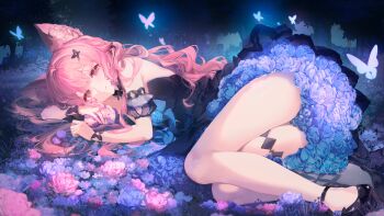 1girl animal_ears black_dress black_shoes bug butterfly check_copyright closed_mouth commentary copyright_request dot_nose dress flower foot_out_of_frame forest high_heels highres insect kagefumi long_hair looking_at_viewer lying nature on_side original pink_eyes pink_flower purple_flower shoes short_dress smile solo symbol-only_commentary wavy_hair