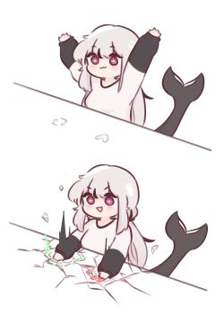 1girl :3 :d absurdres arms_up arrow_(symbol) artist_self-insert black_hair blush_stickers breasts cetacean_tail chibi chonkyorca closed_mouth commentary crack fins fish_tail grey_hair heart highres like_and_retweet long_hair long_sleeves medium_breasts multicolored_hair open_mouth orca_(chonkyorca) original puffy_long_sleeves puffy_sleeves purple_eyes shirt simple_background sleeves_past_wrists smile streaked_hair symbol-only_commentary tail v-shaped_eyebrows very_long_hair white_background white_shirt