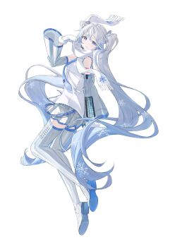 1girl absurdres blue_eyes blue_hair blue_necktie boots detached_sleeves earmuffs grey_skirt grey_sleeves grey_thighhighs hatsune_miku headset highres long_hair looking_at_viewer mittens necktie pleated_skirt potate scarf shirt skirt sleeveless sleeveless_shirt smile snowflake_print solo tattoo thigh_boots thighhighs twintails very_long_hair vocaloid white_mittens white_scarf white_shirt yuki_miku