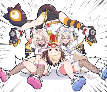 &gt;_&lt; absurdres ahoge animal_ear_fluff animal_ears black_shorts blonde_hair blue_eyes blue_hair brown_hair dog_ears dog_girl dog_tail fuwawa_abyssgard fuwawa_abyssgard_(1st_costume) gigi_murin gigi_murin_(1st_costume) gloves hair_ornament highres hololive hololive_english kinniku_buster leg_grab legs_over_head long_hair mococo_abyssgard mococo_abyssgard_(1st_costume) multicolored_hair multiple_girls open_mouth pink_eyes pink_hair shoe_soles short_hair shorts shutowl siblings single_thighhigh sisters streaked_hair tail thighhighs twins two-tone_hair upside-down virtual_youtuber