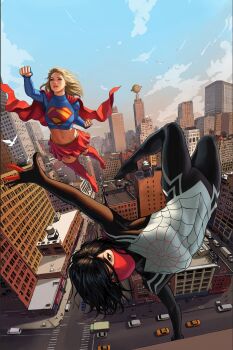 2girls bird black_bodysuit black_hair blonde_hair blue_eyes blue_shirt blue_sky bodysuit boots breasts brown_eyes cape car city clenched_hands cloud cropped_shirt crossover day dc_comics dynamic_pose east_asian floating_hair flying from_above full_body highres ivan_talavera long_hair long_sleeves marvel mask medium_breasts medium_hair midair midriff miniskirt motor_vehicle mouth_mask multicolored_bodysuit multiple_girls navel print_bodysuit red_boots red_cape red_mask red_skirt shirt silk_(marvel) skirt sky spider_web_print supergirl superhero_costume superman_logo thigh_boots two-tone_bodysuit upside-down western_comics_(style) white_bodysuit