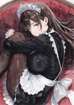 1girl absurdres apron ayane_(ayaneiroaya) back_bow black_dress black_pantyhose blush bow breasts brown_eyes brown_hair closed_mouth commentary_request couch dress eye_contact feet_out_of_frame frills from_side hair_bow hairband headband highres holding_legs indoors large_bow large_breasts long_hair long_sleeves looking_at_another looking_at_viewer looking_back maid maid_headdress original painting_(medium) pale_skin pantyhose paper_texture solo swept_bangs traditional_media watercolor_(medium) white_apron