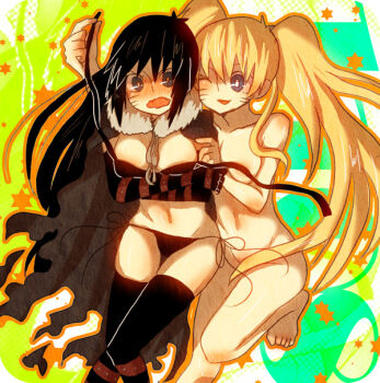 2girls :d black_hair black_legwear blonde_hair blue_eyes blush bra cape elbow_gloves embarrassed genderswap genderswap_(mtf) gloves leg_lift long_hair midriff multiple_girls naruko_(naruto) naruto:_road_to_ninja naruto_(series) naruto_shippuuden nude open_mouth panties red_bra red_panties side-tie_panties smile standing thighhighs twintails underwear undressing uzumaki_menma uzumaki_naruto very_long_hair wavy_mouth