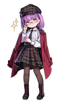 Rule 34 | beret, boots, coat, coat on shoulders, commission, commissioner upload, fate/grand order, fate (series), glasses, hat, helena blavatsky (fate), plaid clothes, plaid hat, plaid skirt, purple eyes, purple hair, shirt, short hair, skirt, thighs, tie, vieru2n, white shirt