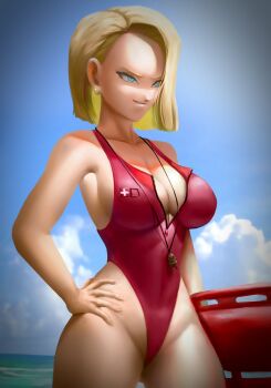 Rule 34 | alternate breast size, android 18, beach, blonde hair, blue eyes, breasts, cyborg, dragon ball, dragonball z, elite nappa, hand on own hip, highleg, highleg one-piece swimsuit, highres, large breasts, lifeguard, looking to the side, one-piece swimsuit, red one-piece swimsuit, revealing clothes, solo, swimsuit, thighs