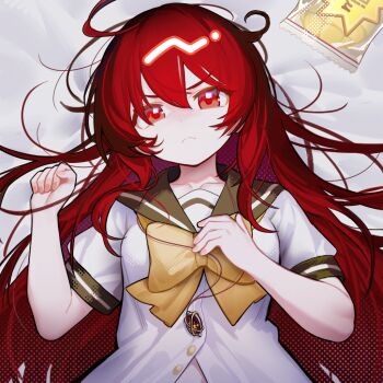 >:( 1girl ahoge alastor_(shakugan_no_shana) bed_sheet bow bowtie bread chinese_commentary closed_mouth commentary_request food frown green_sailor_collar hair_between_eyes hair_spread_out hand_on_own_chest hands_up jewelry long_hair looking_at_viewer lying melon_bread misaki_high_school_uniform newflame on_back partial_commentary pendant red_hair sailor_collar school_uniform serafuku shakugan_no_shana shana shirt short_sleeves sidelocks solo upper_body v-shaped_eyebrows very_long_hair white_shirt yellow_bow yellow_bowtie