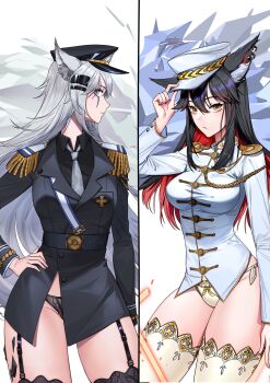 2girls absurdres animal_ears arknights black_hair black_headwear black_legwear black_panties black_shirt bottomless closed_mouth earrings grey_eyes grey_hair grey_necktie hair_between_eyes hair_ornament hairpin hand_on_own_hip hat highres jacket jewelry lappland_(arknights) long_hair long_sleeves looking_at_viewer material_growth military military_hat military_jacket military_uniform multiple_girls necktie oripathy_lesion_(arknights) panties polo_shirt qingtiana scar scar_across_eye scar_on_face shirt simple_background split_screen texas_(arknights) thighhighs underwear white_background white_headwear white_legwear white_panties wolf_ears wolf_girl yellow_eyes