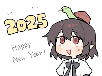 Rule 34 | 1girl, 2025, black bow, black bowtie, bow, bowtie, brown hair, chinese zodiac, collared shirt, commentary request, english text, happy new year, hat, new year, open mouth, pointy ears, red eyes, red hat, sakic43899, shameimaru aya, shirt, simple background, smile, snake, solo, tokin hat, touhou, white background, white shirt, year of the snake