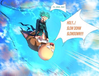1boy 1girl aura bald blush bottomless breasts clauschristmas clothed_sex commentary cowgirl_position english_text female_orgasm flying girl_on_top green_hair hetero highres midair motion_blur motion_lines no_panties one-punch_man open_mouth orgasm saitama_(one-punch_man) sex sky small_breasts speed_lines straddling tatsumaki vaginal