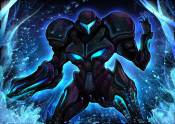 arm_cannon armor artist_name assault_visor black_armor blue_visor commentary_request dark_samus full_armor glowing highres looking_at_viewer metroid metroid_prime_3:_corruption nintendo signature tendril wakaba_(wata_ridley) weapon