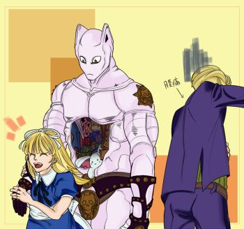 1girl alice_(megami_tensei) animal_ears bananachips black_ribbon blonde_hair blue_dress book commentary_request crossover demon_(megami_tensei) diamond_wa_kudakenai dress formal_clothes hair_ribbon holding_another&#039;s_arm jojo_no_kimyou_na_bouken killer_queen kira_yoshikage long_hair looking_down looking_to_the_side m.u.g.e.n pinstripe_pattern pinstripe_shirt purple_suit ribbon shin_megami_tensei shirt smile stand_(jojo) stomach_ache stuffed_animal stuffed_toy suit white_ribbon yellow_background