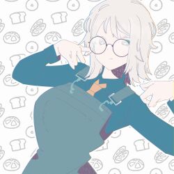 Rule 34 | 1girl, absurdres, apron, blue shirt, collared shirt, expressionless, faust (project moon), glasses, green apron, highres, limbus company, looking at viewer, madotsuki ren, necktie, patterned background, project moon, round eyewear, shirt, short hair, solo, upper body, white background, white hair, yellow necktie