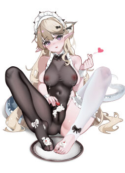 Rule 34 | 1girl, :3, absurdres, alternate costume, arknights, asymmetrical legwear, bare shoulders, black bodystocking, black bow, black hairband, black ribbon, blonde hair, bow, breasts, chinese commentary, commentary request, covered erect nipples, covered navel, covered pussy, food on body, food on toes, frilled hairband, frilled thighhighs, frills, full body, hair bow, hairband, hand up, heart, highres, holding cherry, indigo (arknights), lactation, large breasts, looking at viewer, no shoes, open mouth, plate, pointy ears, purple eyes, ribbon, shenmi de xigua, sideboob, simple background, single thighhigh, sitting, sleeveless, solo, tail, thighhighs, thighs, white background, white ribbon, white thighhighs, white wrist cuffs, wrist cuffs