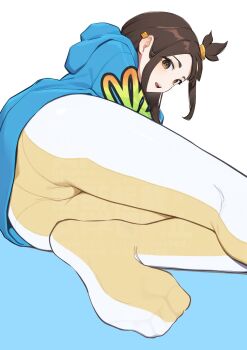 1girl absurdres ass blue_hoodie brown_eyes brown_hair commentary_request earclip highres hood hood_down hoodie kamiki_uutarou lida_(pokemon) long_hair nintendo no_shoes open_mouth panties panties_under_pantyhose pantyhose pokemon pokemon_legends:_z-a print_hoodie sidelocks solo teeth topknot two-tone_background underwear upper_teeth_only white_pantyhose
