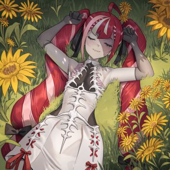 1girl ahoge armpits bare_shoulders blunt_bangs bone bow bow_skirt braid braided_bangs closed_eyes closed_mouth collared_dress colored_skin cross-laced_clothes cross-laced_skirt dress elbow_gloves field flat_chest flower flower_field gloves hair_bow hair_ribbon halterneck hands_up highres hololive hololive_indonesia kureiji_ollie kureiji_ollie_(rebirth) long_hair medium_dress multicolored_hair official_alternate_costume official_alternate_hairstyle on_grass on_ground pale_skin patchwork_skin pink_hair red_hair ribbon seventeencrows sidelocks skirt sleeping solo stitched_face stitched_torso stitches streaked_hair sunflower sunflower_field twintails two-tone_hair very_long_hair virtual_youtuber zombie