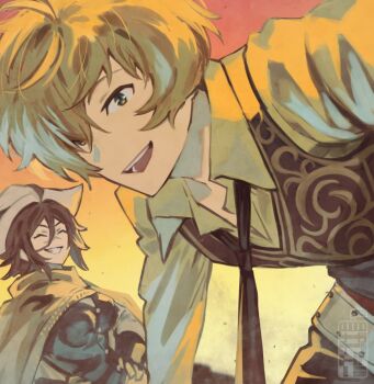 1boy 1girl ahoge belt billy_the_kid_(fate) black_eyes black_gloves black_necktie black_pants black_vest blonde_hair blurry brown_hair brown_vest cape closed_eyes collared_shirt commentary depth_of_field fate/grand_order fate_(series) gloves grin hair_between_eyes hands_on_own_hips hat leaning_forward long_sleeves looking_at_viewer necktie open_mouth pants poncho shirt short_hair smile sugitani_zenjubou_(depraved_monk_of_the_west)_(fate) sugitani_zenjubou_(fate) teeth teria_(teriarian) vest white_belt white_hat white_shirt yellow_cape