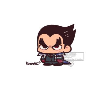 1boy black_hair black_jacket black_necktie black_pants blue_coat chibi chibi_only coat commentary full_body heterochromia highres jacket jitome kotomaru_(kotokoto_kottan) male_focus mishima_kazuya necktie no_nose pants red_eyes scar scar_on_face sideburns signature simple_background solo studded_gloves symbol-only_commentary tekken thick_eyebrows white_background