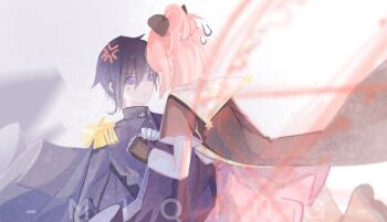 Rule 34 | 1boy, 1girl, anger vein, angry, black bow, black cape, black gloves, black hair, black jacket, blue eyes, blunt ends, boots, bow, brown boots, buttons, cape, capelet, collared jacket, commentary, cross, cross print, epaulettes, eyes visible through hair, face-to-face, film grain, fingerless gloves, floating clothes, foot out of frame, from behind, gakuran, gloves, hair between eyes, hair bow, heterochromia, high-waist skirt, high collar, high ponytail, highres, holding, holding unworn cape, holding unworn clothes, jacket, layered sleeves, long hair between eyes, long sleeves, looking at another, magic circle, miniskirt, miqing, orange theme, original, pink hair, pink skirt, pleated skirt, ponytail, print capelet, print jacket, purple eyes, school uniform, shade, shaded face, shirt, short hair, short over long sleeves, short ponytail, short sleeves, single epaulette, single sidelock, skirt, star (symbol), striped clothes, striped thighhighs, sun print, sweatdrop, thighhighs, turtleneck capelet, unworn cape, upper body, white background, white capelet, white shirt