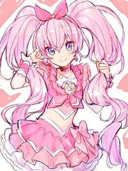 1girl blue_eyes bow bow_skirt brooch closed_mouth commentary_request cowboy_shot crop_top crossed_bangs cure_melody earrings eyelashes eyes_visible_through_hair frilled_shirt frilled_skirt frills hair_between_eyes hair_bow hair_ornament happy heart heart_brooch heart_earrings heart_hair_ornament highres holding holding_own_hair houjou_hibiki jewelry kurochiroko long_hair looking_at_viewer magical_girl midriff miniskirt neckerchief pink_bow pink_hair pink_neckerchief pink_shirt pink_skirt pleated_skirt precure shirt skirt skirt_set sleeveless sleeveless_shirt smile solo standing suite_precure twintails twintails_with_braided_base very_long_hair white_background