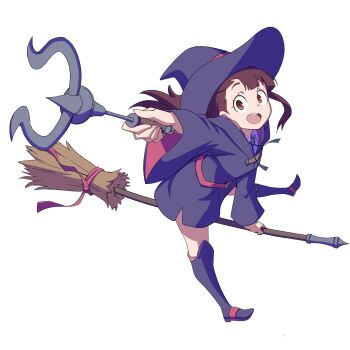 Rule 34 | 1girl, :d, boots, broom, broom riding, brown hair, commentary request, dress, full body, hat, highres, holding, holding wand, kagari atsuko, knee boots, little witch academia, long hair, long sleeves, looking at viewer, luna nova school uniform, open mouth, outstretched arm, purple boots, purple dress, purple hat, radio1985head, red eyes, school uniform, smile, solo, teeth, upper teeth only, wand, witch hat