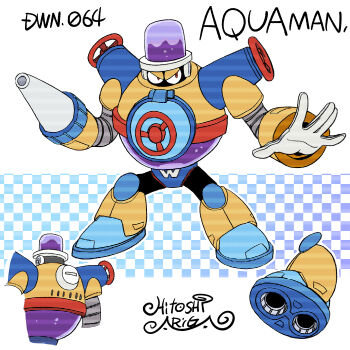 1boy \||/ aqua_man_(mega_man) ariga_hitoshi arm_cannon artist_name belt blue_background blue_footwear boots brown_footwear bubble character_name checkered_background colored_shoe_soles commentary_request concept_art from_behind full_body gloves gradient_background hat highres humanoid_robot knee_boots looking_ahead looking_to_the_side male_focus mega_man_(classic) mega_man_(series) mega_man_megamix multiple_views no_humans red_belt red_eyes reference_sheet robot scanlines shoe_soles signature simple_background standing tank_(container) turnaround upper_body v-shaped_eyebrows valve water water_tank weapon white_background white_gloves