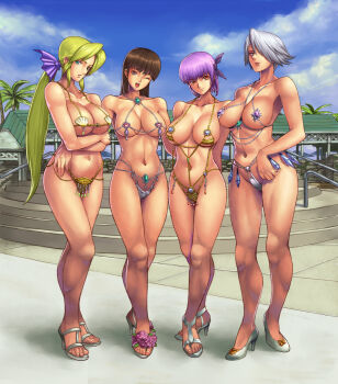4girls abs arms_behind_back arthemis_bikini ayane_(doa) bad_anatomy bad_id bad_leg bad_pixiv_id bare_legs bare_shoulders bikini blonde_hair blue_eyes bow breast_hold breasts brown_eyes brown_hair christie_(doa) cleavage cloud coconut_tree crossed_arms curvy day dead_or_alive dead_or_alive_xtreme dead_or_alive_xtreme_beach_volleyball artistic_error everyone facing_viewer feet female_focus fortune_bikini full_body godfather_bikini hair_bow helena_douglas high_heels ibanen large_breasts legs lei_fang lineup long_hair looking_at_viewer medium_breasts micro_bikini midriff multiple_girls navel no_socks one_eye_closed open_mouth open_shoes outdoors palm_tree ponytail poorly_drawn pumps purple_hair red_eyes revealing_clothes sandals shell shell_bikini shoes short_hair sky smile standing swimsuit tecmo thighs toes tree venus_bikini white_footwear white_hair wink