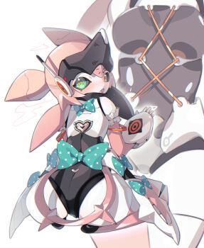 1girl absurdres angels_of_delusion aria_(zenless_zone_zero) blush bow commentary_request from_behind green_bow green_eyes highres humanoid_robot joints korean_commentary looking_at_viewer looking_back mechanical_ears open_mouth robot robot_girl robot_joints sen_light solo zenless_zone_zero