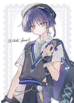 Rule 34 | 1boy, :<, absurdres, aqua necktie, backpack, bag, beret, black bag, black hat, black pants, black vest, black wrist cuffs, blunt ends, chain, chinese commentary, collared shirt, commentary request, cowboy shot, eyeliner, genshin impact, hair intakes, hat, highres, looking at viewer, makeup, male focus, necktie, official alternate costume, pants, purple eyes, purple hair, red eyeliner, scaramouche (genshin impact), shiki fanart, shirt, short sleeves, shoulder bag, solo, vest, wanderer (genshin impact), wanderer (mega mgc coffee) (genshin impact), white shirt, wrist cuffs